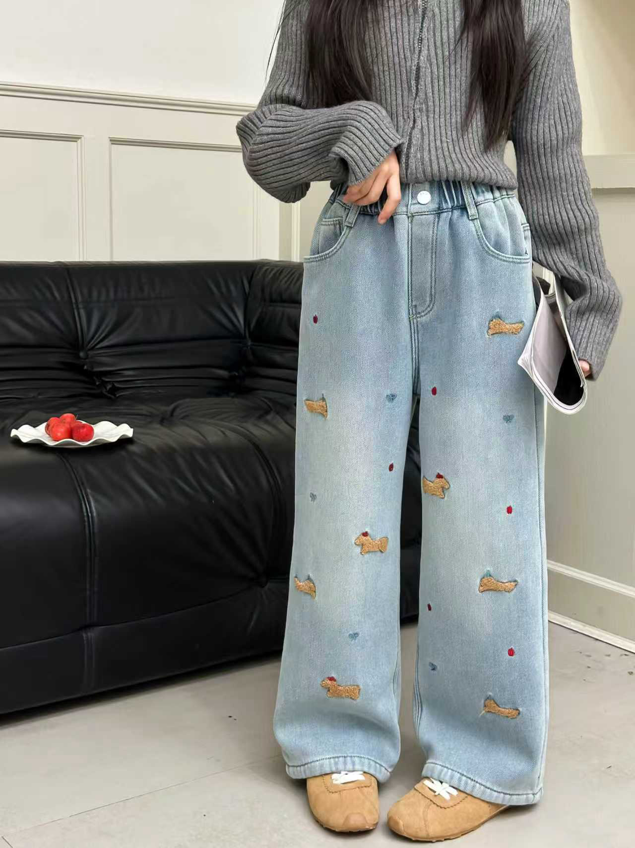 女童一体绒牛仔裤2025新款秋冬洋气韩版直筒阔腿裤中大童女孩韩版