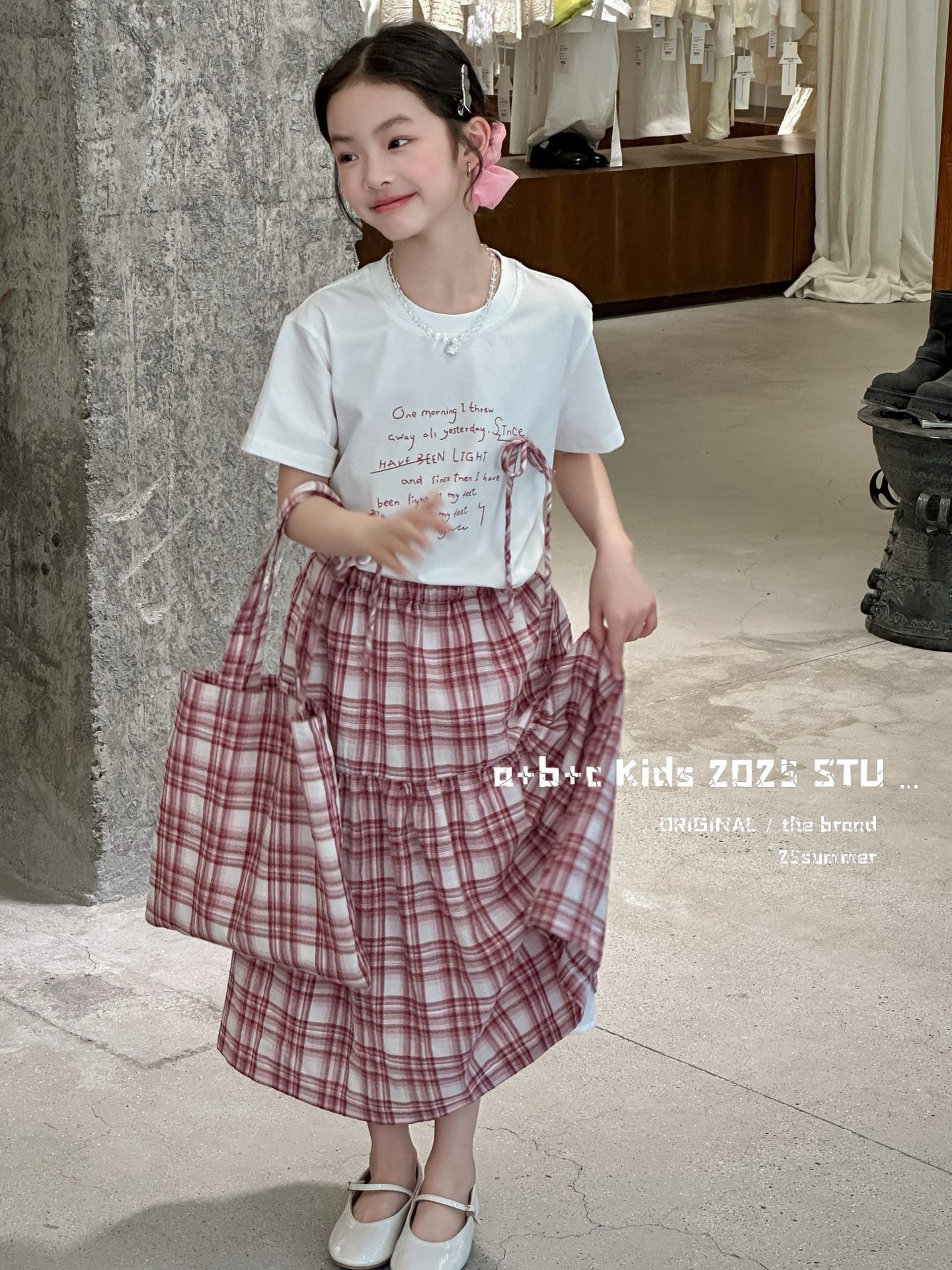 女童短袖T恤半身裙套装夏季洋气时髦蝴蝶结上衣中大童裙子两件套