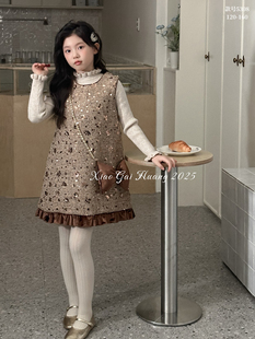 女童小香风套装裙2025新款秋冬中大童洋气时髦背心裙打底衫两件套