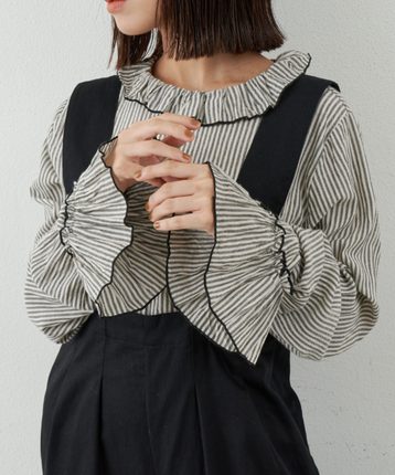 包拼邮 日本代购 Libra Cue 百搭荷叶边木耳边喇叭袖叠穿长袖衬衫