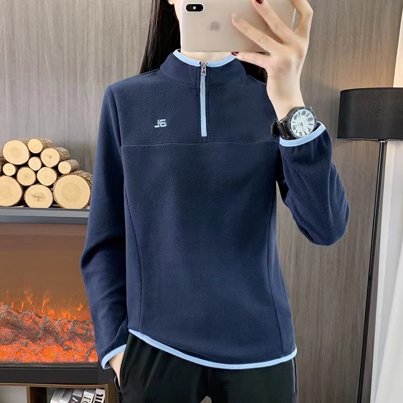 半开襟立领抓绒衣女长袖T恤秋冬