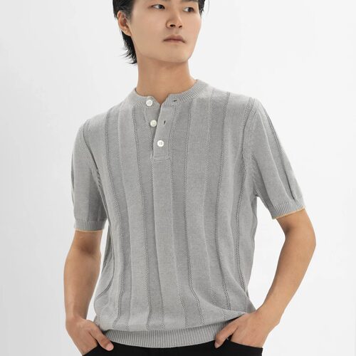 BC风坑条针织亨利领短袖