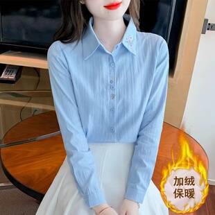 秋冬季女装2026年新款女刺绣纯棉衬衫女洋气全棉衬衣加绒保暖上衣