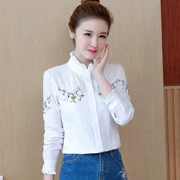 Đầu thu 2019 phụ nữ mới thủy triều thêu áo cotton nữ dài tay đứng cổ áo sơ mi trắng ngoại khí - Áo sơ mi