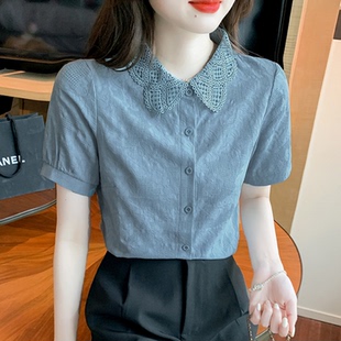 夏装2026年新款时尚减龄女士衬衣纯棉衬衫女洋气全棉提花短袖上衣