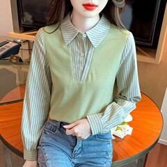2025年秋冬季新款假两件条纹衬衫女长袖针织女士衬衣加绒上衣洋气