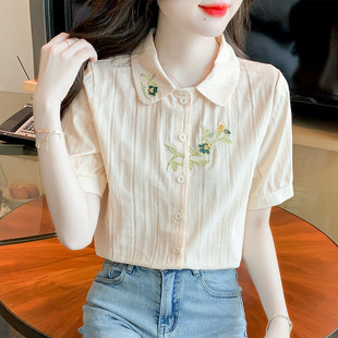 純棉襯衫 夏裝 2025年新款 薄款 氣質(zhì)女士襯衣刺繡上衣 女洋氣全棉短袖