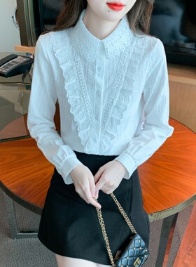 春秋季2025新款时尚纯棉衬衣女长袖全棉衬衫女士洋气蕾丝拼接上衣