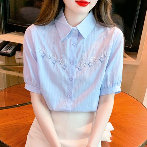 纯棉衬衫女洋气全棉短袖夏季