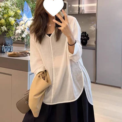 美洋MEIYANG 佛系衬衫 私服款！气质V领轻薄微透长袖上衣