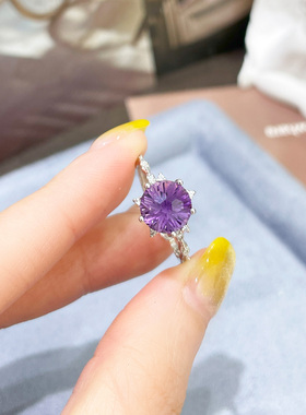 天然紫水晶S925纯银戒指女可调节