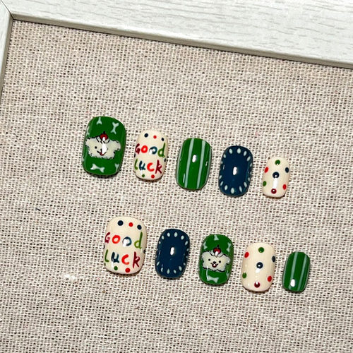 圣诞小狗清新绿色波点穿戴甲