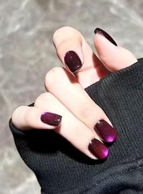 紫色玻璃珠穿戴甲追光猫眼变色龙甜酷秋冬百搭ins短方美甲假指甲