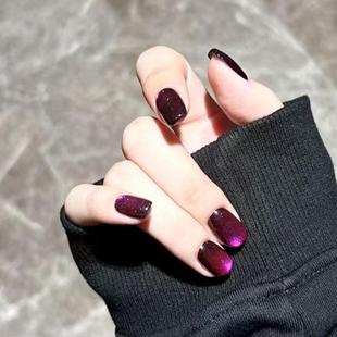 紫色玻璃珠穿戴甲追光猫眼变色龙甜酷秋冬百搭ins短方美甲假指甲