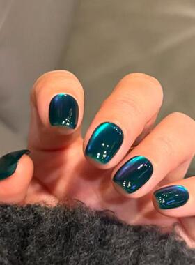 深蓝色变色龙猫眼穿戴甲高级小众秋冬显白百搭蓝宝石美甲短甲ins