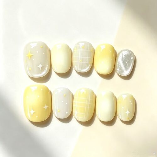 奶黄星格穿戴甲温柔奶油韩系风