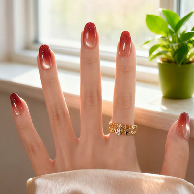 酒红茶渍猫眼穿戴甲节日