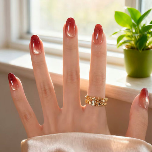 酒红茶渍猫眼穿戴甲节日