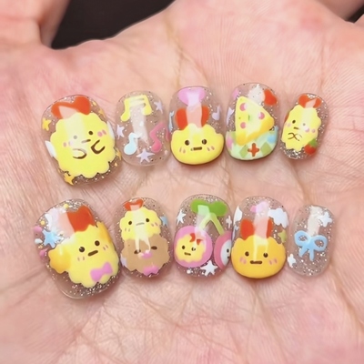 软萌小鸡穿戴甲透闪音符蝴蝶结软萌学生减龄元气短款豆豆美甲贴片