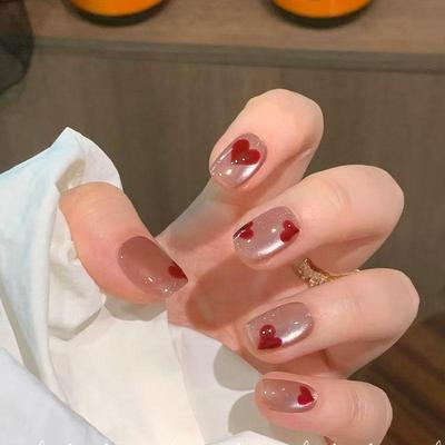 手绘爱心猫眼穿戴甲纯欲小甜心可爱显白2025新款美甲百搭日常短甲