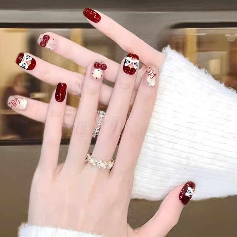 红色醒狮蝴蝶结猫眼穿戴甲高级感可爱新春节日过年短爆款美甲贴片,彩妆/香水/美妆工具,穿戴甲/甲片,淘宝优惠券,粉丝福利购,淘宝优惠卷