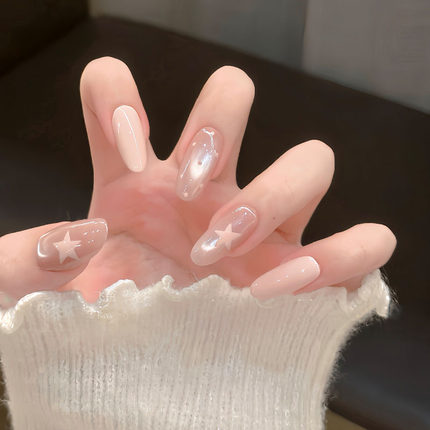 温柔皮粉冰透猫眼穿戴甲中椭圆波点星星甜美少女千金感长美甲贴片