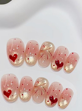 金红色爱心烟花猫眼穿戴甲高级感显白新春过年长短爆闪款美甲贴片