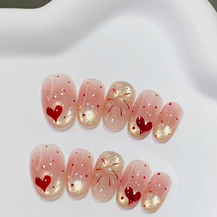 金红色爱心烟花猫眼穿戴甲高级感显白新春过年长短爆闪款美甲贴片
