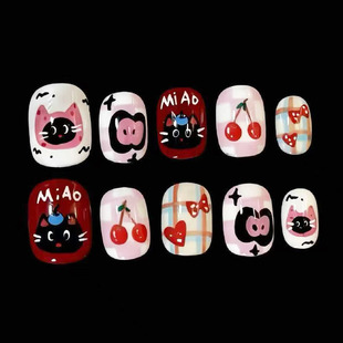 甜喵樱语穿戴甲格纹猫咪可爱卡通显白粉红新短款豆豆甜美指甲贴片