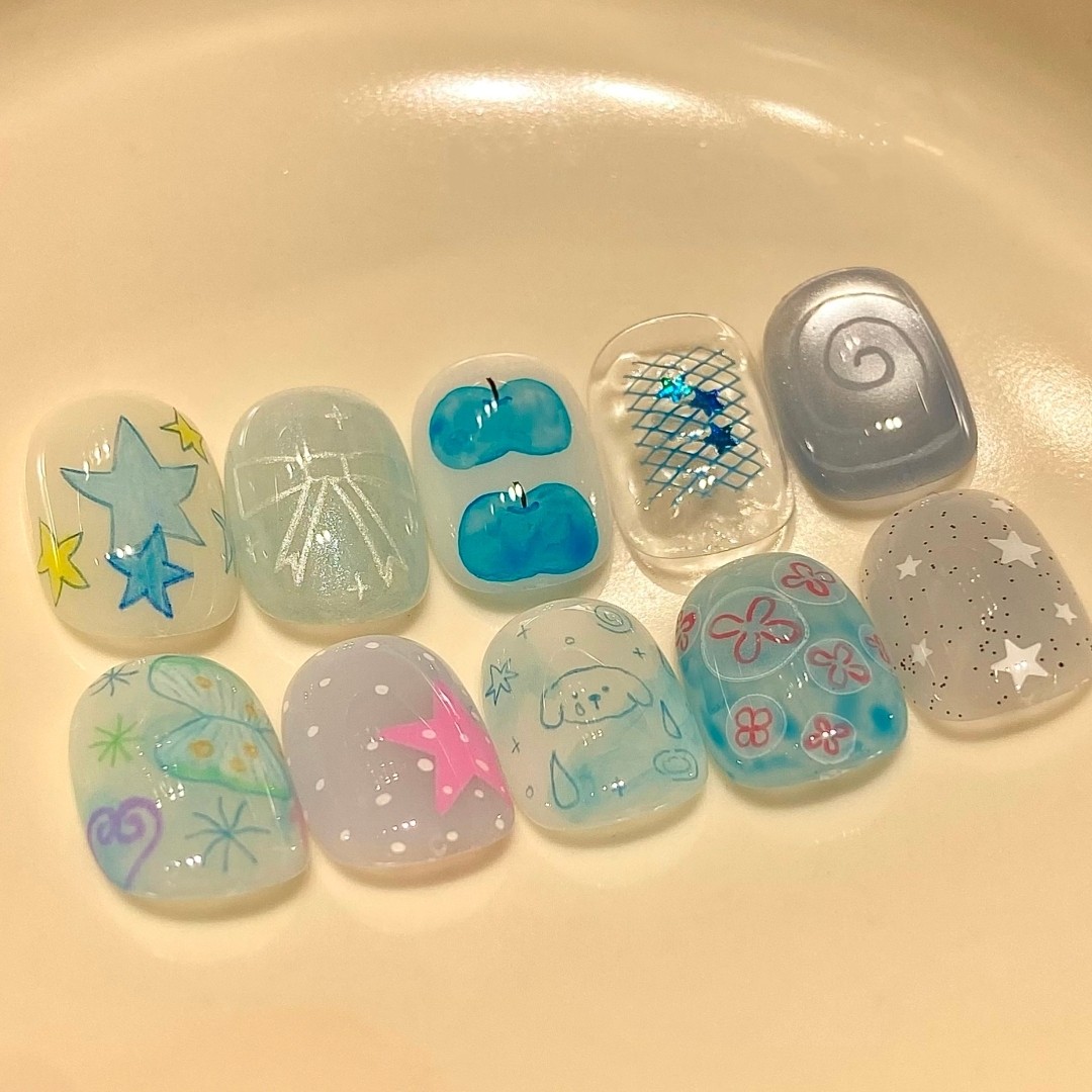 海盐蓝调穿戴甲星星苹果卡通
