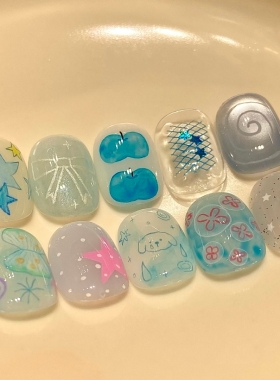 海盐蓝调穿戴甲星星苹果卡通