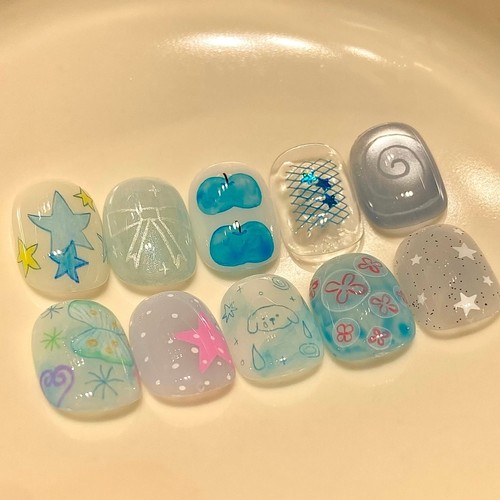 海盐蓝调穿戴甲星星苹果卡通