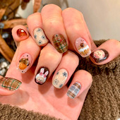 囧囧兔可爱韩系穿戴甲甜美少女秋冬格纹复古短豆豆款 卡通指甲贴片