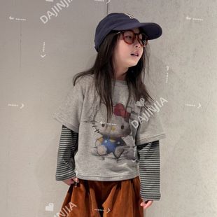 25秋冬新款 假两件系列圆领宽松男女宝套头可爱上衣加绒上衣 拼袖