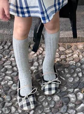 女童黑白格羊皮软底蝴蝶结鞋