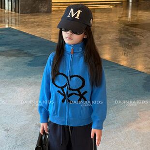 26秋冬新款蓝色火柴人开衫外套个性卡通针织衫男女儿童拉链外套