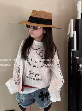 26夏季新款女宝KT猫莱赛尔薄款宽松韩系防晒罩衫白色女童打底上衣