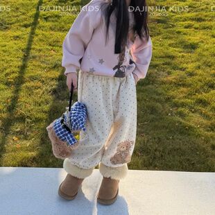 26秋冬季新款加绒加厚波点束脚裤女儿童可爱小熊印花实穿卫裤潮酷