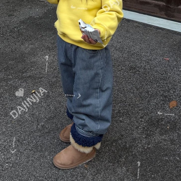 25冬季复古条纹蓝色水洗做旧加绒牛仔裤韩版男女长裤宝宝休闲裤