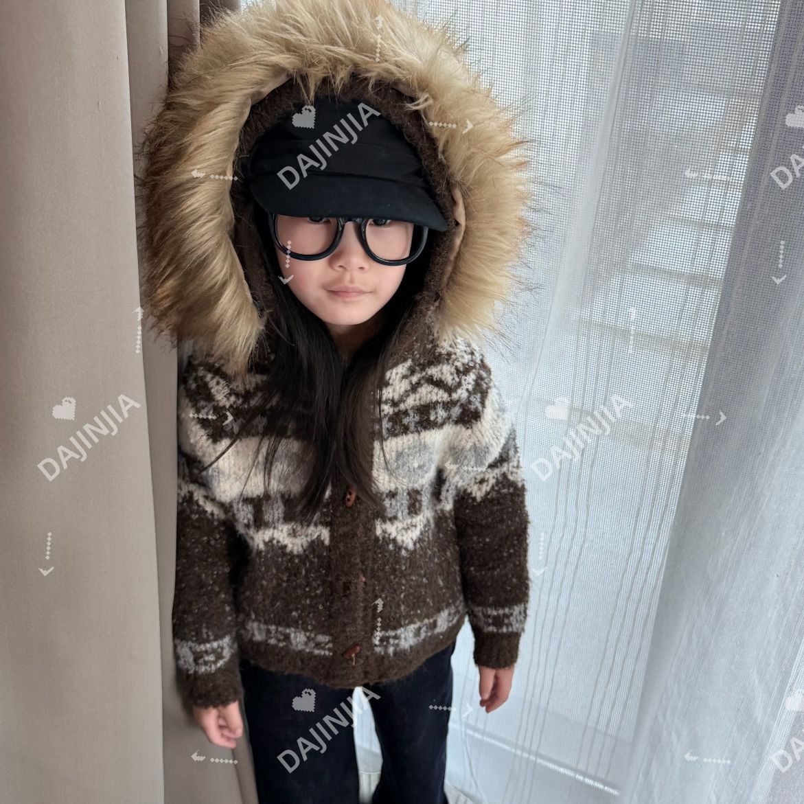 25冬季费尔岛民族风加厚针织衫大毛领纽扣保暖复古连帽开衫外套