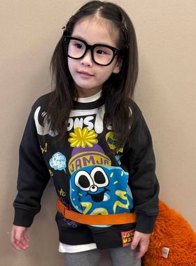 大金家童装女童冬新款JAN甜甜圈字母涂鸦加绒加厚儿童圆领卫衣