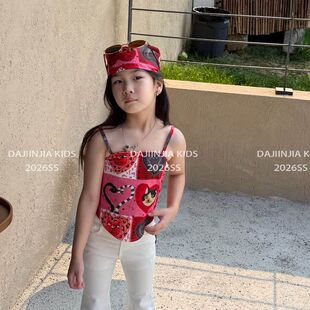 26夏季大金家女童多巴胺红桃心小猫咪可爱个性细吊带背心上衣