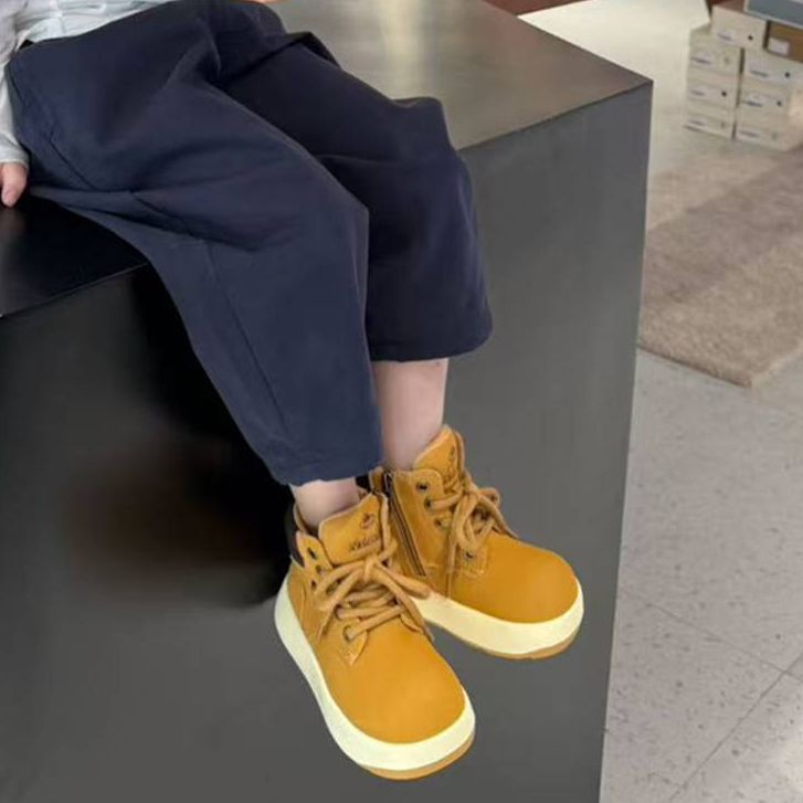 大金家童装25夏季新款纯色复古百搭厚底男女儿童时髦工装风小黄靴