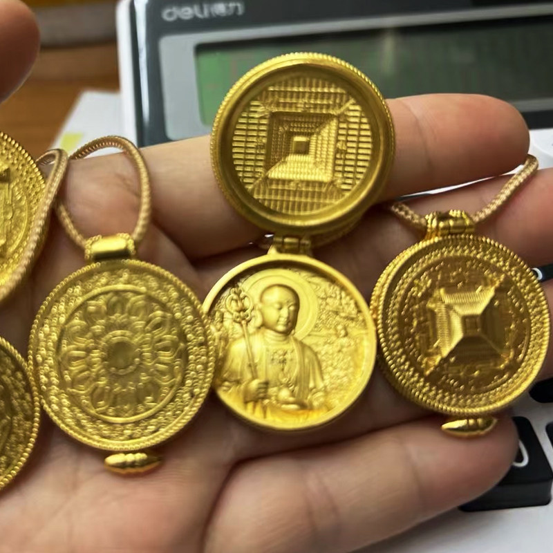 足金999古法黄金镶嵌九华山地藏王菩萨嘎乌盒项链地藏王佛像吊坠