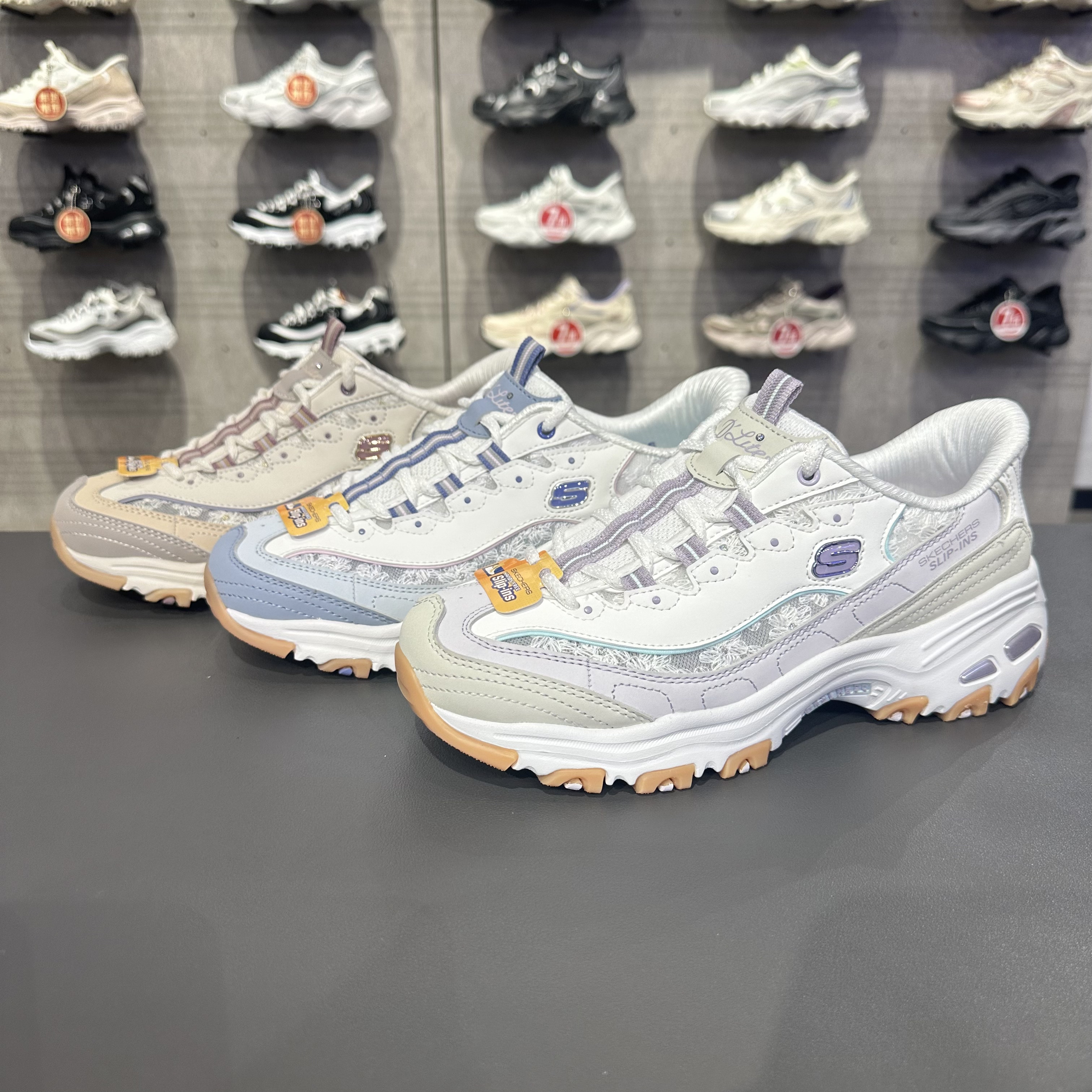 Skechers斯凯奇闪穿熊猫鞋女子蕾丝花花透气一脚蹬老爹鞋150726