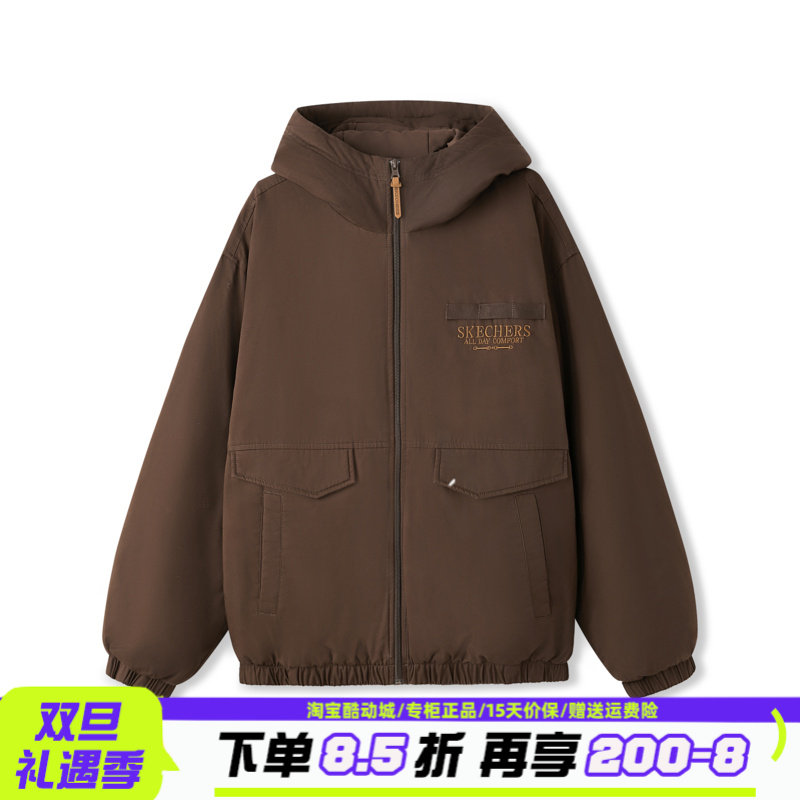 Skechers斯凯奇男女同款秋冬宽松保暖裥棉外套连帽棉服L126U002