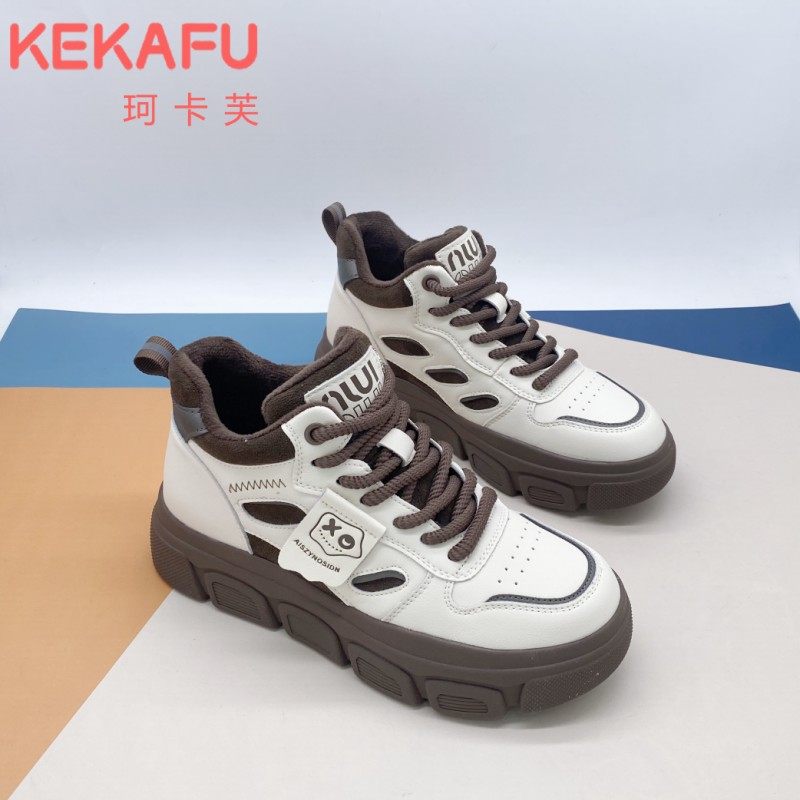 珂卡芙休闲厚底老爹鞋女2023秋冬棕色加绒保暖高帮板鞋运动学生鞋