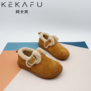 珂卡芙厚毛绒勃肯鞋女2025冬新款磨砂真皮加绒保暖毛毛鞋平底棉鞋