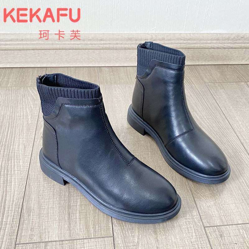 珂卡芙平底短靴女2023秋冬简约软皮切尔西英伦风及踝袜靴后拉链潮