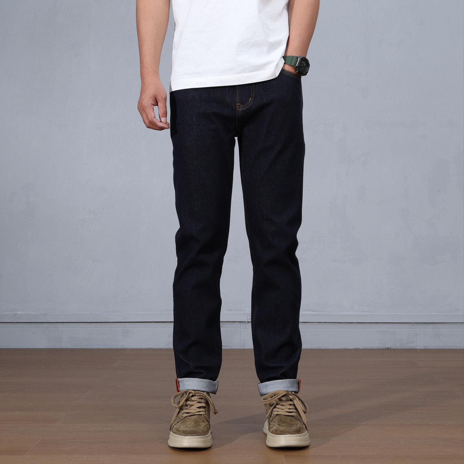 深蓝色原牛男款牛仔裤防褪色四面弹修身小直筒韩版简约百搭长裤子